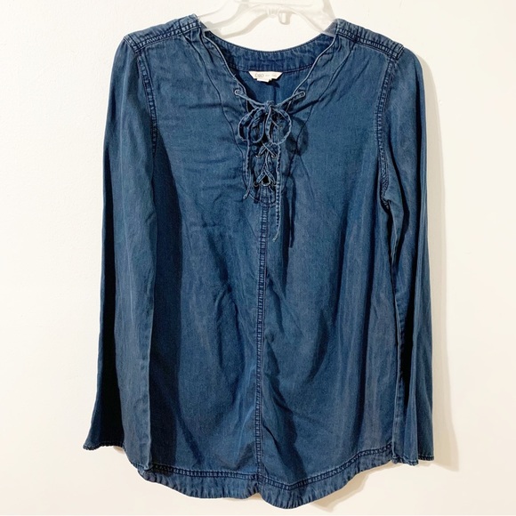 CatoTencel Chambray Long Bell Sleeved Corset Tie V-neck Front Blouse Rounded Hem - Picture 1 of 9